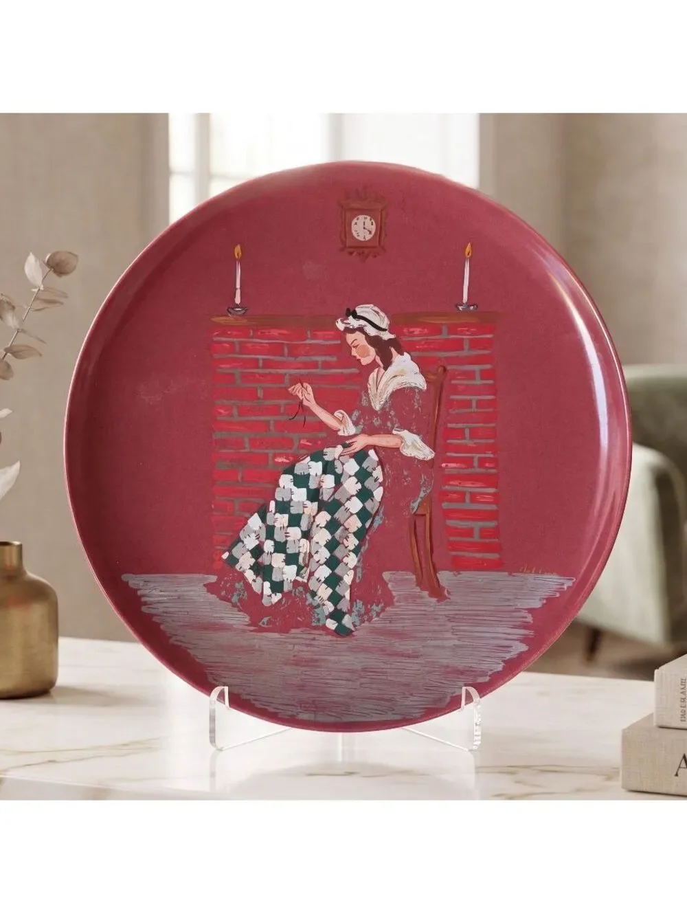 Large Vtg Hand Painted Folk Art Serving Tray Plate Colonial Woman Fireplace 13